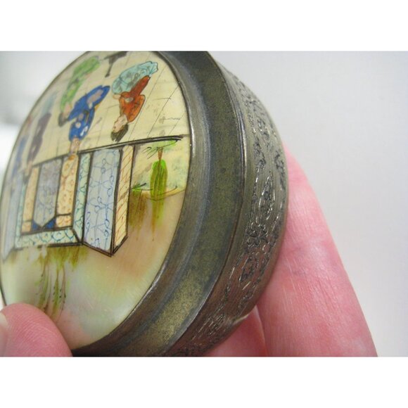 Vintage Hand Painted Asian Trinket Box Mirror Top Mother Of Pearl Silver Plated - Picture 15 of 15